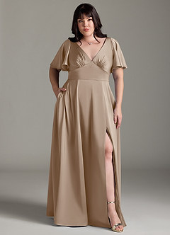 Azazie Kimber Bridesmaid Dresses Taupe A-Line Ruched Stretch Satin Dress image7