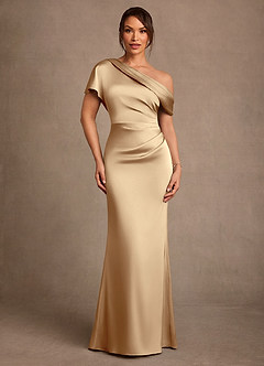 Azazie Rutha At-home Try On Dresses Champagne Sheath One Shoulder Stretch Satin Dress image1