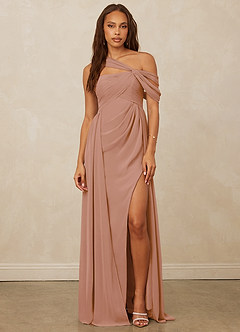 Christian Siriano Bridal for Azazie 1014 Bridesmaid Dresses Champagne Rose A-Line Off the Shoulder Chiffon Dress image4