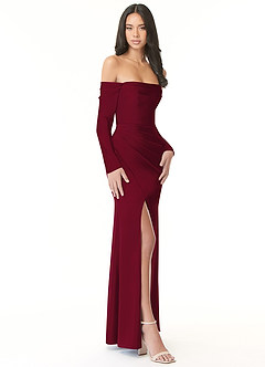Azazie Hallie Bridesmaid Dresses Burgundy Sheath Off-The-Shoulder Long Sleeve Stretch Satin Convertible Dress image5