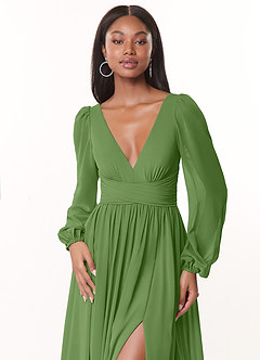 Azazie Norah Bridesmaid Dresses Basil A-Line V-Neck Long Sleeve Chiffon Dress image5