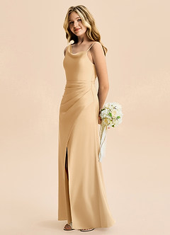 Azazie Abby Junior Gold A-Line Pleated Stretch Satin Dress image3