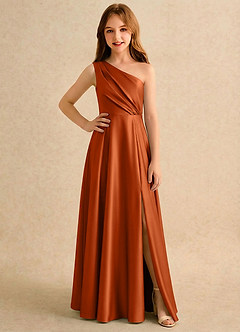 Azazie Puddles Girls Formal Flower Girl Dresses Burnt Orange A-Line One Shoulder Stretch Satin Dress image1