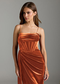 Azazie Amyra Bridesmaid Dresses Burnt Orange Sheath Off the Shoulder Velvet Convertible Dress image2