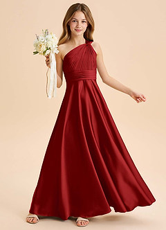 Azazie Charlize Junior Pomegranate A-Line Pleated Stretch Satin Dress image1