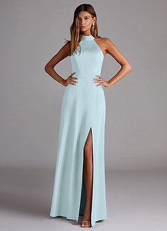 Azazie Myra Bridesmaid Dresses Sea Glass A-Line Side Slit Stretch Satin Dress image3