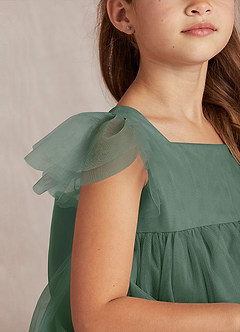 Azazie Kalio Flower Girl Dresses Eucalyptus A-Line with Sleeves Tulle Dress image3