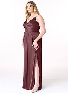 Azazie Aqua Bridesmaid Dresses Sangria A-Line V-Neck Pleated Stretch Satin Dress image10