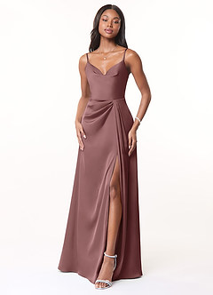 Azazie Brielle Bridesmaid Dresses Vintage Mauve A-Line Cowl Spaghetti Straps Stretch Satin Dress image1