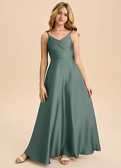 Azazie Bug Junior Sea Moss A-Line Pleated Stretch Satin Dress image5