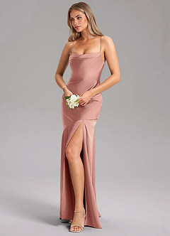 Azazie Grata Robes de demoiselle d'honneur Robe Fourreau en Satin extensible Fente Latérale Rosette image4