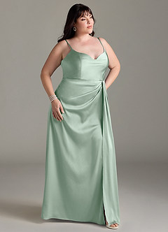 Azazie Brielle Bridesmaid Dresses Agave A-Line Cowl Spaghetti Straps Stretch Satin Dress image9