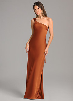 Azazie Monroe Bridesmaid Dresses Cinnamon Mermaid One Shoulder Stretch Satin Dress image3
