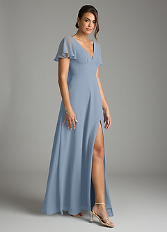 Azazie Kimber Bridesmaid Dresses Dusty Blue A-Line Flounce Sleeve Chiffon Dress image6