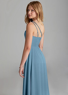 Azazie Maron Junior Steel Blue A-Line Pleated Stretch Satin Dress image2