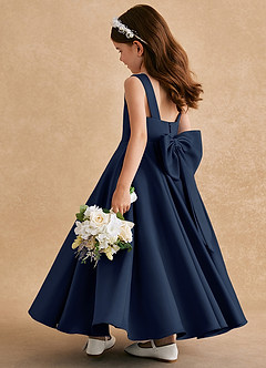 Azazie Honey Bear Blumenmädchenkleider A-Linie Plissee Matte Satin Kleid Dunkelmarine image4