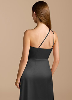 Azazie Trina Vestidos de damas de honor Vestido de Negro de Satén Metálico de Corte en A con Hombro unilateral image2