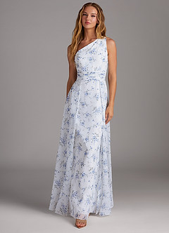 Azazie Dallas Bridesmaid Dresses Blue Cottage Floral A-Line One Shoulder Chiffon Dress image3