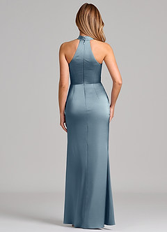 Azazie Karlotta Bridesmaid Dresses Dusty Blue Sheath Pleated Stretch Satin Dress image2