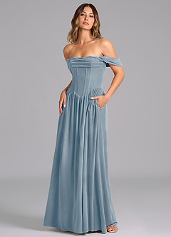 Azazie Hattie Robes de demoiselle d'honneur Robe Trapèze en velours Rayé Bleu Poussiéreux image4