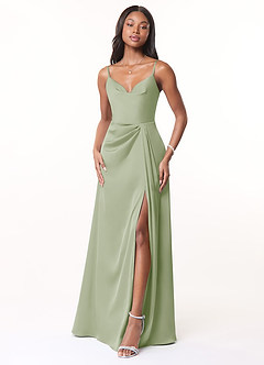 Azazie Brielle Robes de demoiselle d'honneur Robe Trapèze en Satin extensible Bretelles spaghetti Vert Sauge image1