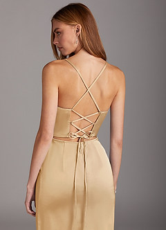 Azazie Brookelle Brautjungfernkleider Etui Herzchen Korsett Stretch-Satin Kleid Gold image6