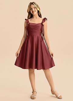 Azazie Kira Junior Terracotta A-Line Ruched Stretch Satin Dress image6