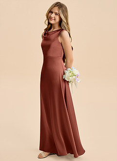 Azazie Kiki Junior Auburn A-Line Bow Stretch Satin Dress image3