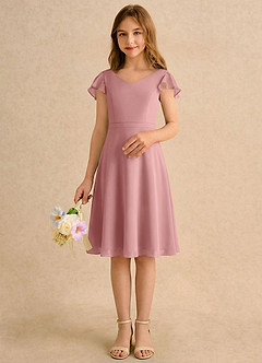 Azazie Narin Girls Formal Robe Demoiselle D'honneur Fillette Robe Trapèze en Mousseline de soie avec manches Rose Poussiéreuse image3
