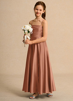 Azazie Pebbles Junior Formal Blumenmädchenkleider A-Linie Plissee Matte Satin Kleid Bronzer image6