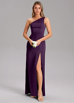 Azazie Feby Bridesmaid Dresses Grape A-Line One Shoulder Stretch Satin Dress image1