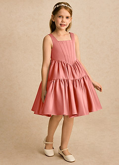 Azazie Myla Robe Demoiselle D'honneur Fillette Robe Trapèze en Mat Satiné Plissé Rose Saumon image4