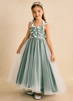 Azazie Darlina Flower Girl Dresses Ivory Eucalyptus Ball-Gown Lace Tulle Dress image9