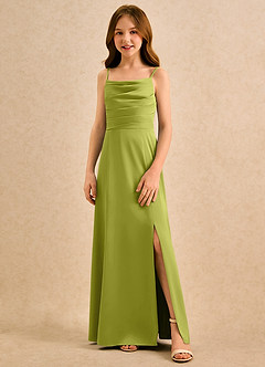 Azazie Chamomile Girls Formal Flower Girl Dresses Lemongrass A-Line Pleated Stretch Satin Dress image4