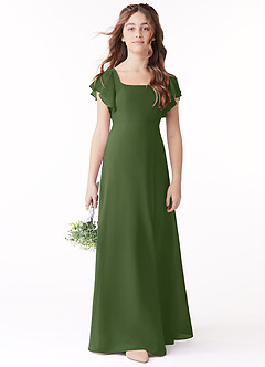 Azazie Bondi Junior Olive A-Line Bow Chiffon Dress image2