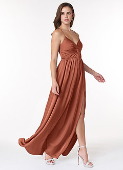 Azazie Raya Bridesmaid Dresses Clay A-Line V-Neck Pleated Stretch Satin Dress image4