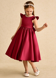 Azazie Dumpling Flower Girl Dresses Scarlet A-Line Bow Matte Satin Dress image4