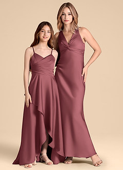 Azazie Prisha Junior Abito A-Line in Raso Elasticizzato Plissettato Merlot image3