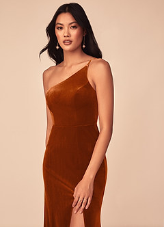 Azazie Kala Bridesmaid Dresses Burnt Orange A-Line One Shoulder Velvet Dress image6