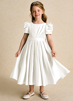 Azazie Miriam Robe Demoiselle D'honneur Fillette Robe Princesse en Mat Satiné Plissée Ivoire image1