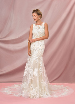 Azazie Judith Vestidos de novia Vestido de Blanco Diamante Champán de Tul de Corte Sirena con Lentejuela image3