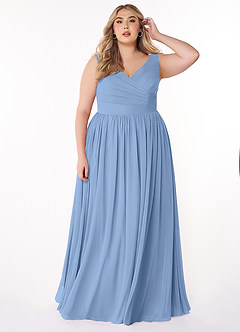 Azazie Keyla Bridesmaid Dresses Steel Blue A-Line V-Neck Pleated Chiffon Dress image6