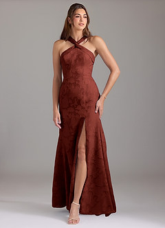 Azazie Rue Bridesmaid Dresses Terracotta A-Line Pleated Floral Burnout Dress image1