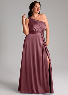Azazie Brooke Vestidos de damas de honor Vestido Rosa Del Desierto de Satén Elástico de Línea A con Un hombro image12