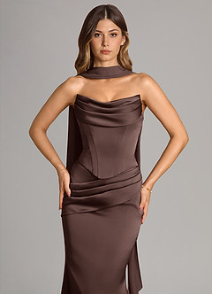 Azazie Sorrel Robes de demoiselle d'honneur Robe Sirène Convertible en Satin extensible Sans bretelles Ganache image5