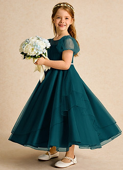 Azazie Duckie Abiti da Ragazza di Fiori Abito Principessa in Tulle Plissettato Pino image4