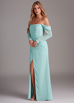 Azazie Hallie Bridesmaid Dresses Aqua Mermaid Long Sleeve Chiffon Dress image3