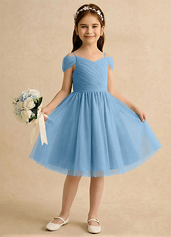 Azazie Lila Girls Formal Robe Demoiselle D'honneur Fillette Robe Trapèze en Tulle Épaule décolletée Acier Bleuté image4