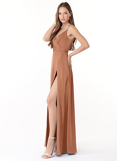 Azazie Dalilah Bridesmaid Dresses Bronzer A-Line V-Neck Pleated Stretch Satin Dress image3