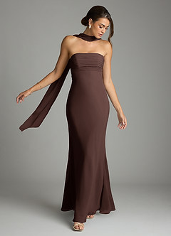 Azazie Saylor Robes de demoiselle d'honneur Robe Sirène en Mousseline de soie Sans bretelles Ganache image7